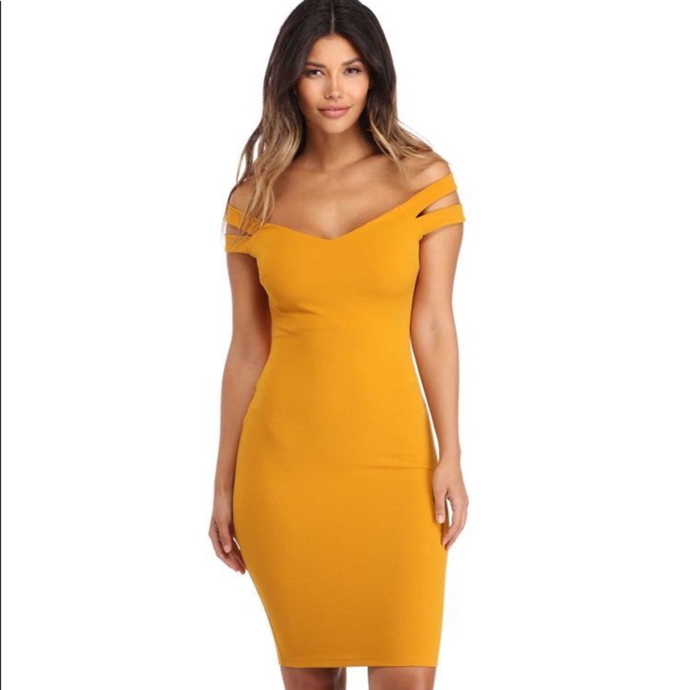 WINDSOR MUSTARD SHOULDER SLIT MIDI DRESS